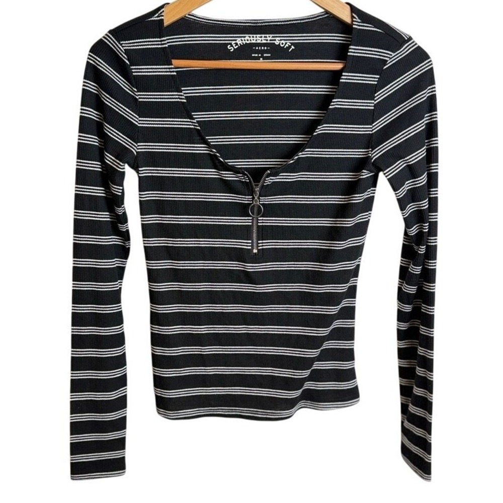 Aeropostale Women Striped 1/4 Zip‎ Top Ribbed Long Sleeve 90s M Black White Y2K